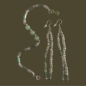 Handmade Green Beaded Bracelet and Dangle Earrings Set